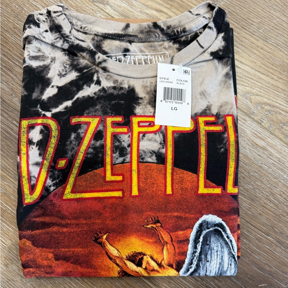 Led Zeppelin Black Tie-Dye Graphic Tee with Red and Yellow Logo